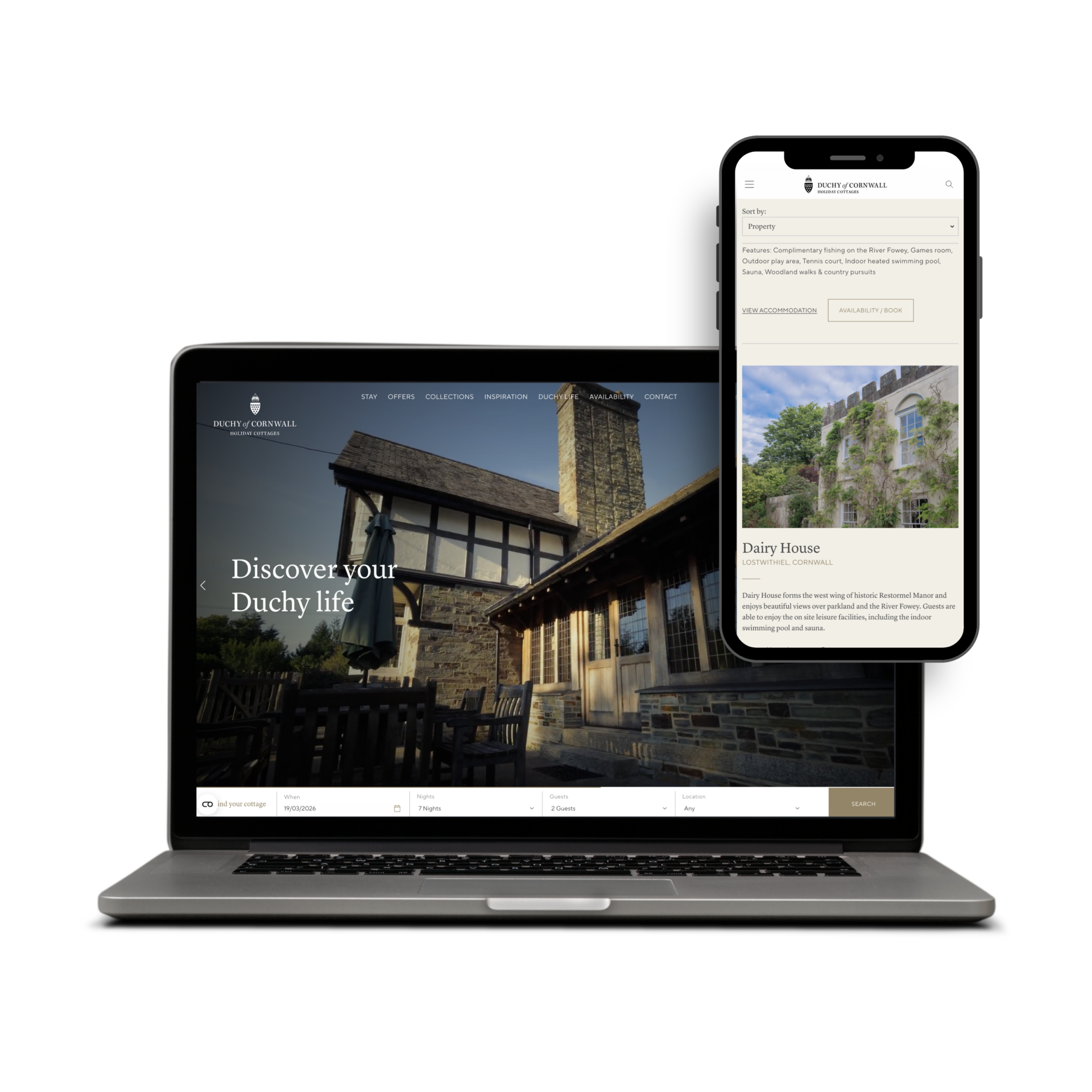 Duchy of Cornwall Holiday Cottages website on desktop and mobile